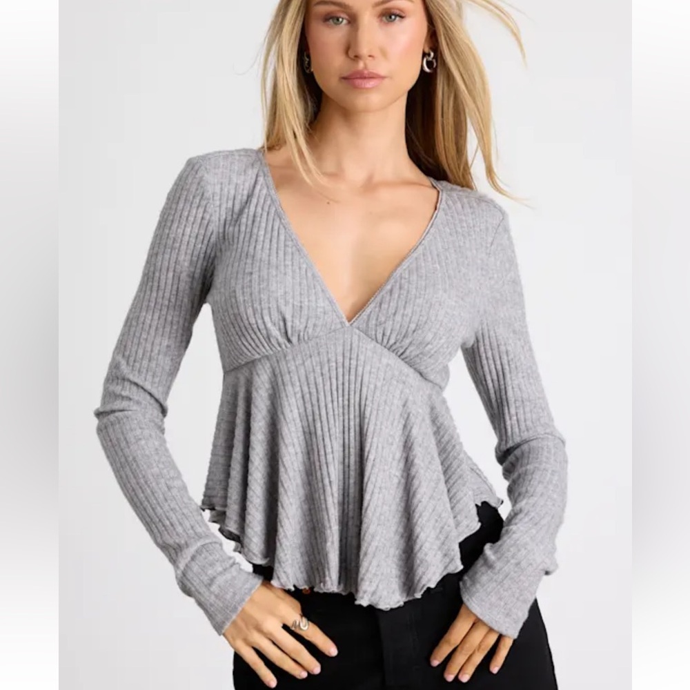 Lulu's Gray Ribbed Long Sleeve Top Medium NWT